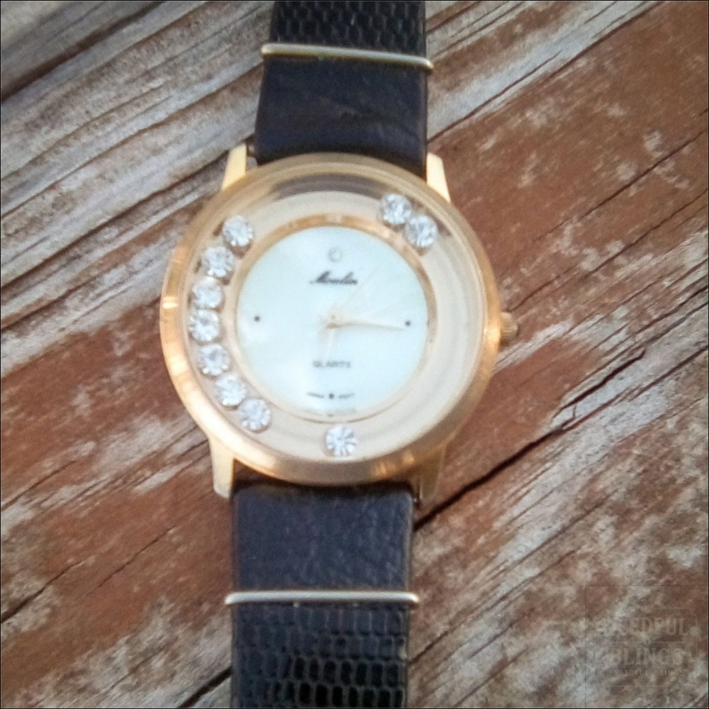 Vintage Gold-Tone Rhinestone Quartz Watch w/ Black Leather Band